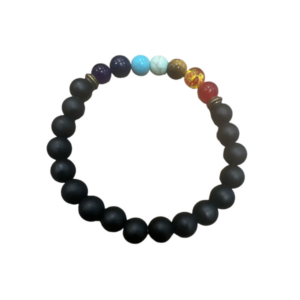 Bracelet en pierres noires et 7 pierres aux couleurs des chakras